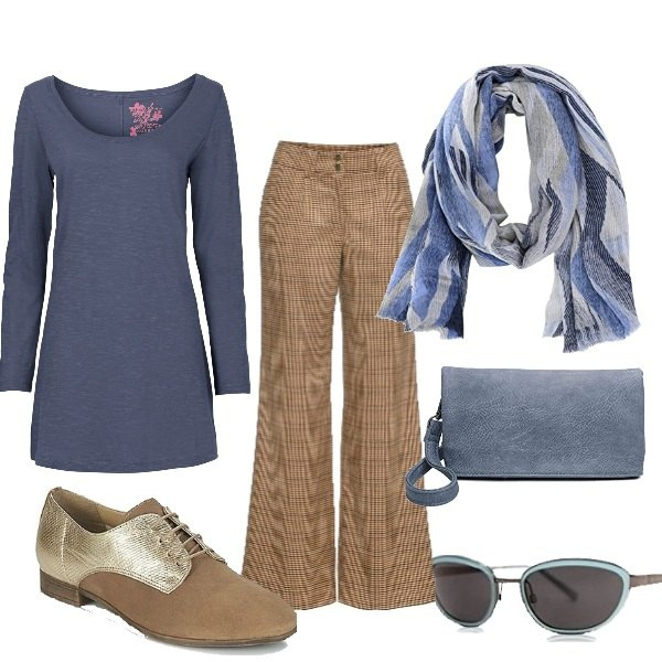 Outfit donna - Pranzo dopo le feste. Stile Basic per Tutti i giorni. Abbinamento con maglieria, pantaloni, scarpe stringate, sciarpe, pochette, occhiali da sole.