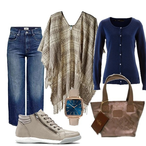Outfit donna - Jeans only con mantella. Stile Basic per Tutti i giorni. Abbinamento con cardigans, sneakers alte, shopping bag, jeans dritti, scialli, orologi analogici.