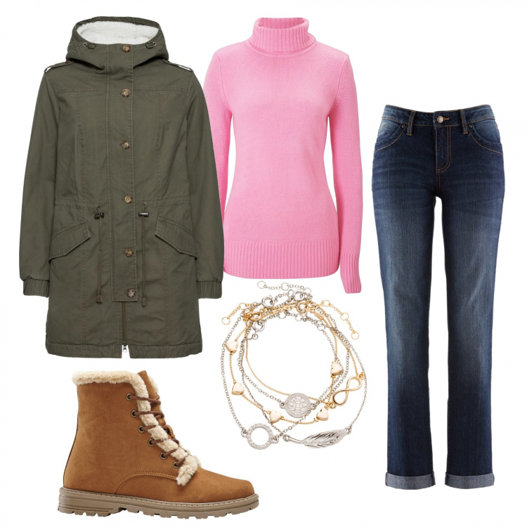 Outfit donna - Look basic. Stile Basic per Tutti i giorni. Abbinamento con jeans dritti, maglieria, braccialetti con ciondoli, reggiseni push-up, stivaletti.