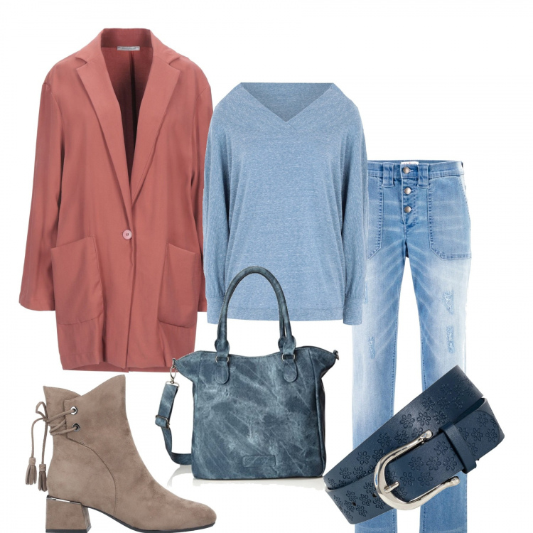 Outfit donna - Jeans e giacca lunga. Stile Trendy per Tutti i giorni. Abbinamento con jeans boyfriend, cinture, pullovers, stivaletti, blazer, borse a spalla.