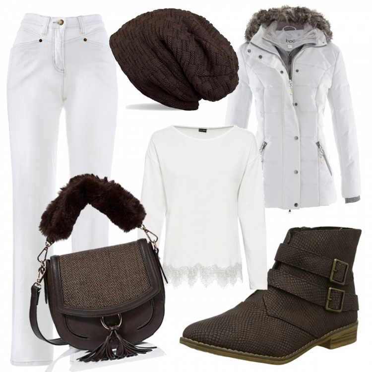 Outfit donna - Trendy #335. Stile Trendy per Tutti i giorni. Abbinamento con piumini, maglioni, jeans dritti, borse a tracolla, berretti, stivaletti.