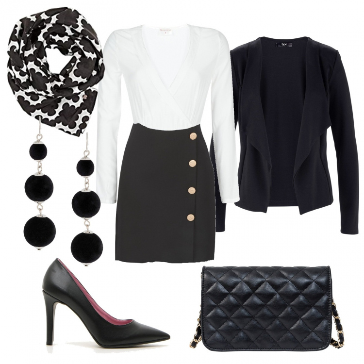 Outfit donna - In ufficio. Stile Basic per Ufficio. Abbinamento con borse a tracolla, blazer, orecchini, vestiti corti, sciarpe, décolleté.