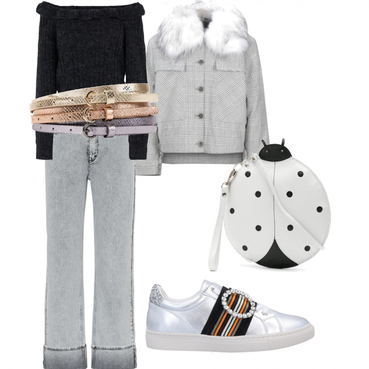 Outfit donna - Grigio. Stile Trendy per Ufficio. Abbinamento con cinture, cappotti, pullovers, sneakers, borse a spalla, jeans.