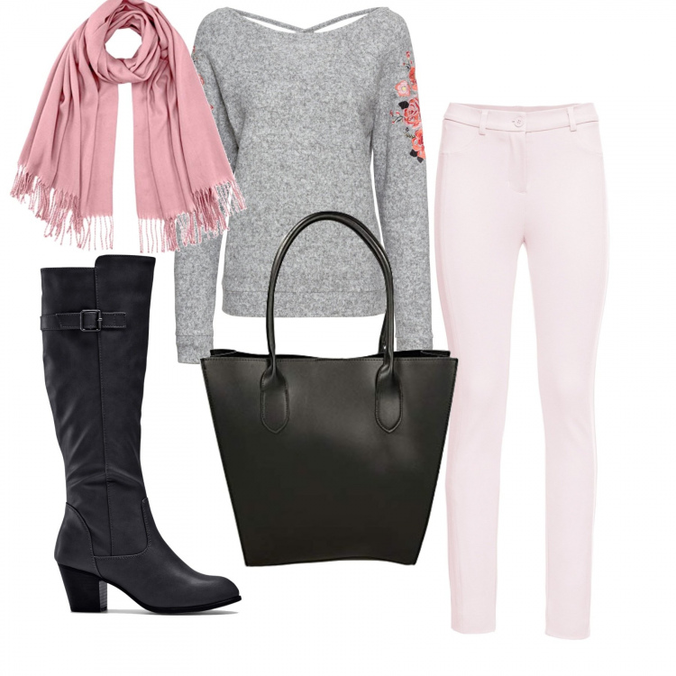 Outfit donna - Maglia incrociata sul retro. Stile Trendy per Tutti i giorni. Abbinamento con stivali, maglieria, pantaloni, shopping bag, sciarpe.