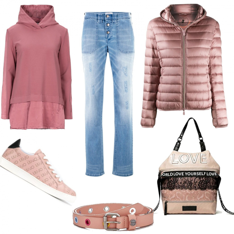 Outfit donna - Tutta in rosa o quasi!. Stile Basic per Tutti i giorni. Abbinamento con jeans boyfriend, felpe con cappuccio, sneakers, piumini, zaini, cinture.