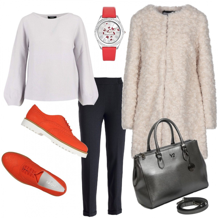 Outfit donna - Hogan. Stile Trendy per Ufficio. Abbinamento con scarpe stringate, cappotti, pantaloni chino, borse a mano, pullovers, orologi analogici.