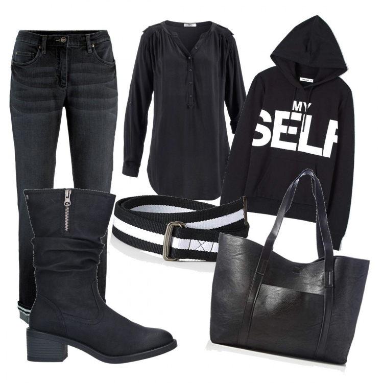 Outfit donna - Sportiva in nero. Stile Trendy per Tutti i giorni. Abbinamento con tuniche, jeans, stivaletti, felpe con cappuccio, shopping bag, cinture.