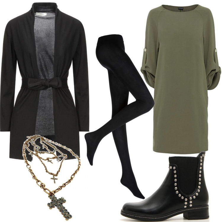 Outfit donna - Abito con stivaletti borchiati. Stile Trendy per Tutti i giorni. Abbinamento con collant, vestiti, cardigans, stivaletti chelsea, collane.