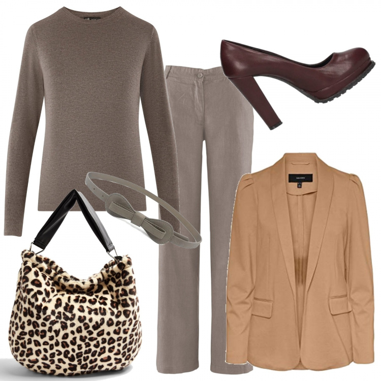 Outfit donna - Fino in fondo. Stile Trendy per Tutti i giorni. Abbinamento con pantaloni, borse a spalla, décolleté, cinture, blazer, maglieria.