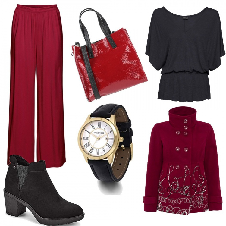 Outfit donna - Ci vediamo a pranzo?. Stile Urban per Tutti i giorni. Abbinamento con pantaloni a palazzo, pullovers, caban, borse a mano, stivaletti chelsea, orologi.