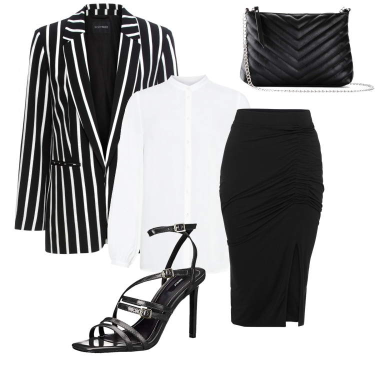 Outfit donna - In ufficio al top. Stile Bon Ton per Ufficio. Abbinamento con blazer, gonne longuette, bluse, borse a tracolla, sandali col tacco.