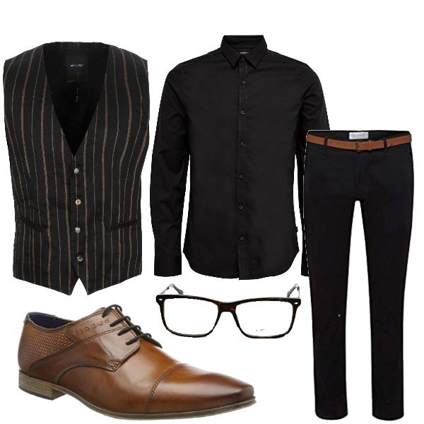 Outfit uomo - Rientriamo in ufficio. Stile Business/Elegante per Ufficio. Abbinamento con camicie, gilet, scarpe stringate, pantaloni, occhiali.