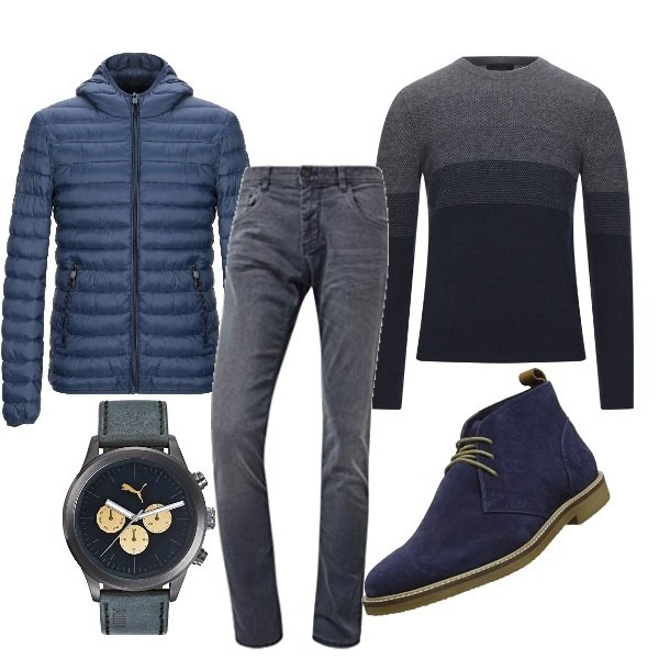 Outfit uomo - Passeggiata al parco. Stile Casual per Tutti i giorni. Abbinamento con piumini, pullovers, scarpe stringate, pantaloni, orologi.