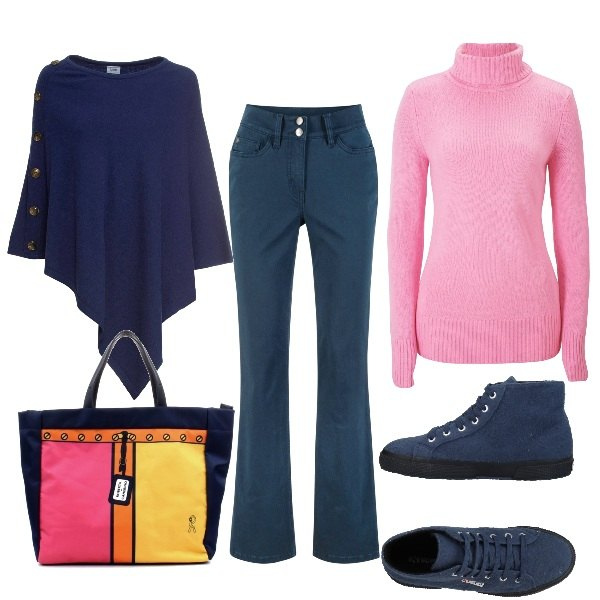 Outfit donna - Blu e rosa confetto. Stile Basic per Tutti i giorni. Abbinamento con maglieria, pantaloni, maglieria, sneakers alte, shopping bag.