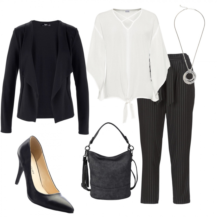 Outfit donna - Il futuro è qui. Stile Trendy per Tutti i giorni. Abbinamento con blazer, bluse, décolleté, borse a tracolla, collane, pantaloni.