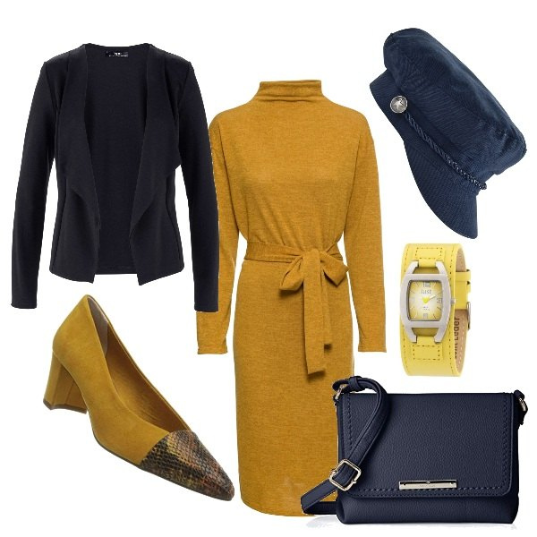 Outfit donna - Vestito senape e blazer. Stile Basic per Ufficio. Abbinamento con blazer, vestiti, cappelli, scarpe col tacco, orologi, borse a tracolla.
