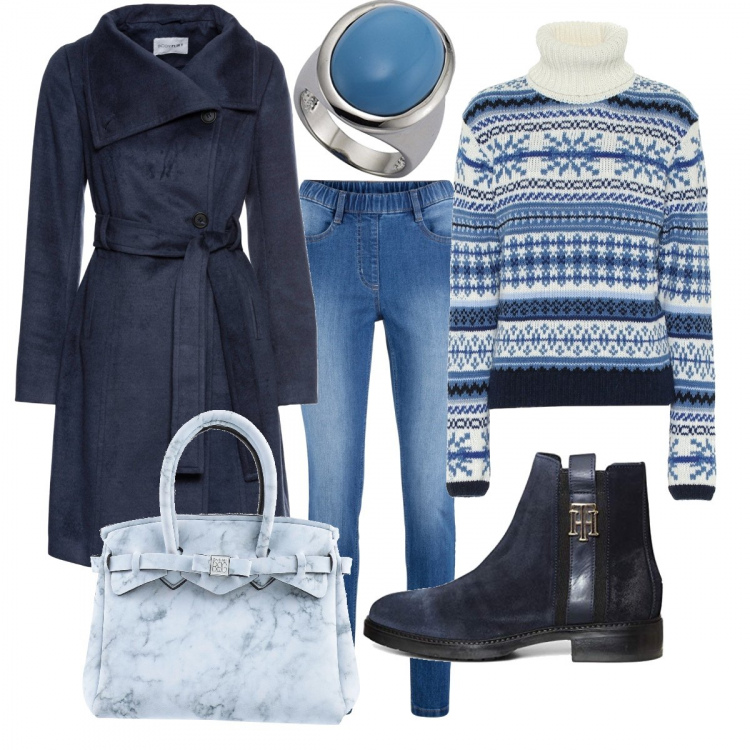 Outfit donna - Con il cappotto blu notte. Stile Bon Ton per Ufficio. Abbinamento con jeggings, cappotti, borse a mano, stivaletti, pullovers, anelli.