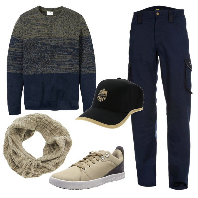 Outfit uomo - Casual #109. Stile Casual per Tutti i giorni. Abbinamento con maglieria, cappelli con visiera, pantaloni cargo, sneakers, sciarpe.
