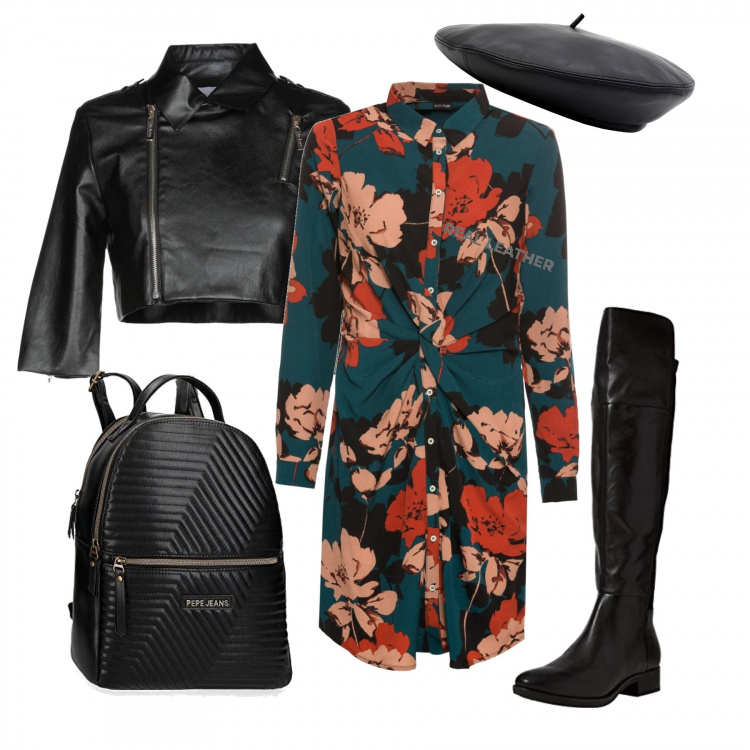 Outfit donna - A fiori. Stile Urban per Tutti i giorni. Abbinamento con cappotti, cappelli, vestiti, zaini, stivali sopra il ginocchio.