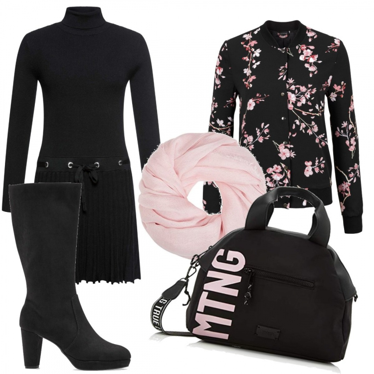 Outfit donna - Giacca a fiori rosa. Stile Trendy per Tutti i giorni. Abbinamento con bomber, vestiti, stivali, borse a tracolla, sciarpe.