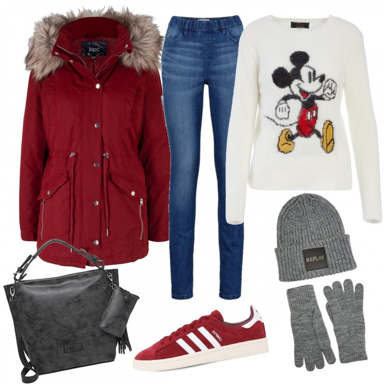 Outfit donna - Mickey mouse. Stile Basic per Tutti i giorni. Abbinamento con parka, jeggings, maglieria, guanti, sneakers, borse a spalla.