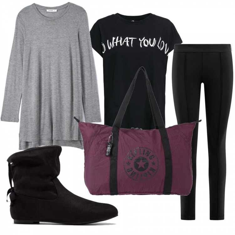 Outfit donna - Dichiarazione d\'amore. Stile Trendy per Tutti i giorni. Abbinamento con stivaletti, maglieria, borse a mano, t-shirt, pantaloni.