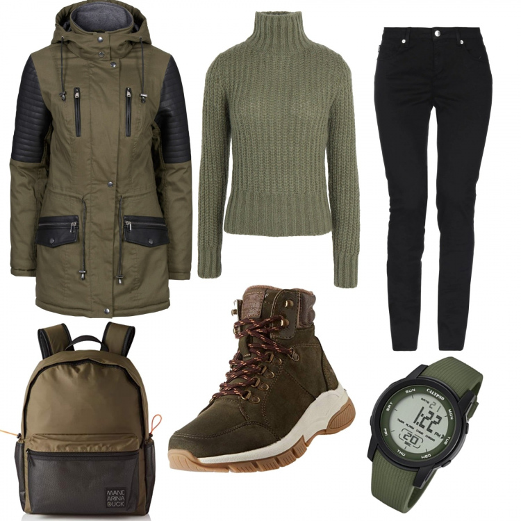 Outfit donna - Tra i boschi in cerca di funghi!. Stile Basic per Tutti i giorni. Abbinamento con parka, maglieria, pantaloni, stivaletti, orologi digitali, zaini.