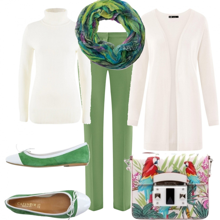 Outfit donna - Basic ma colorata. Stile Basic per Tutti i giorni. Abbinamento con maglieria, ballerine, borse a tracolla, pantaloni, cardigans, foulard.