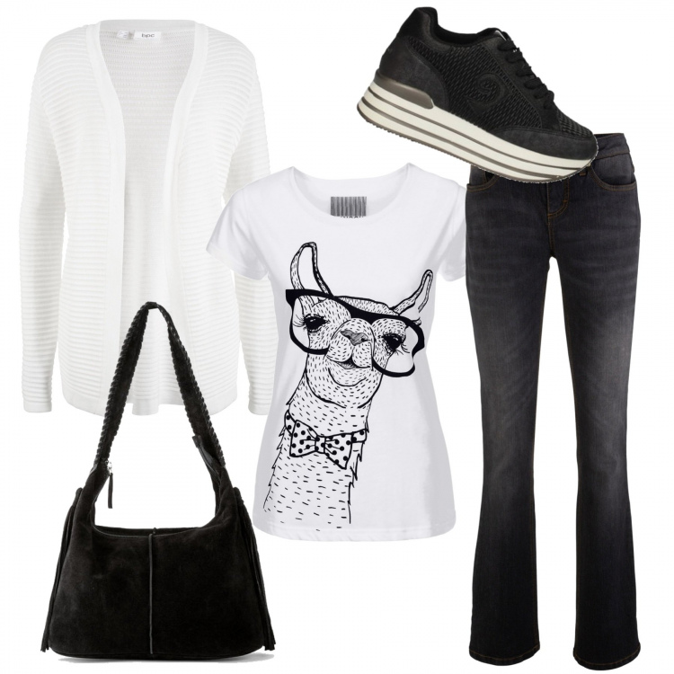 Outfit donna - Adoro essere me. Stile Urban per Tutti i giorni. Abbinamento con jeans bootcut, cardigans, t-shirt, t-shirt, sneakers.