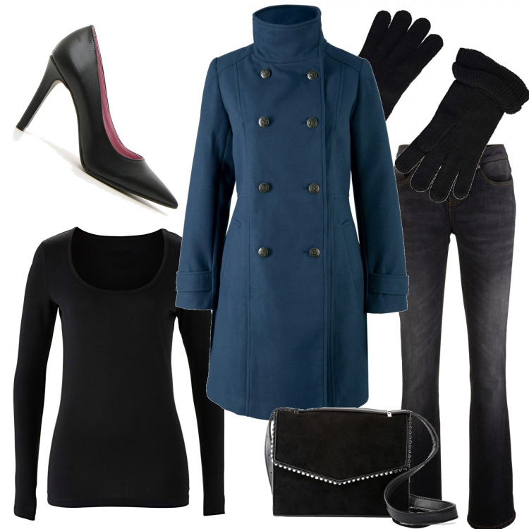 Outfit donna - Il cappotto blu. Stile Urban per Tutti i giorni. Abbinamento con jeans bootcut, t-shirt sportive, cappotti, borse a tracolla, décolleté, guanti.