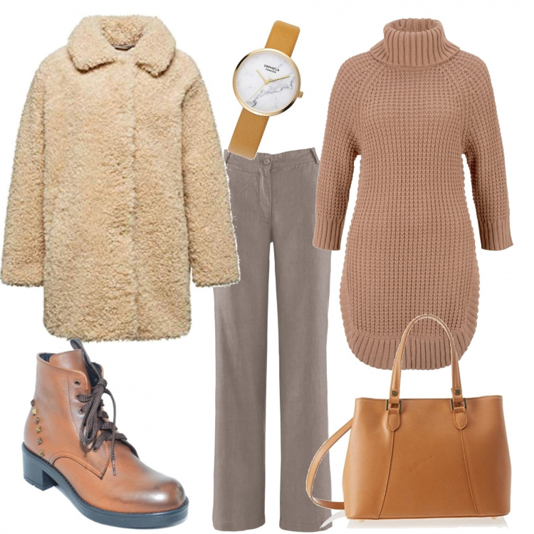 Outfit donna - Colori neutri. Stile Trendy per Tutti i giorni. Abbinamento con pantaloni, maglieria, anfibi, blazer, borse a spalla, orologi.