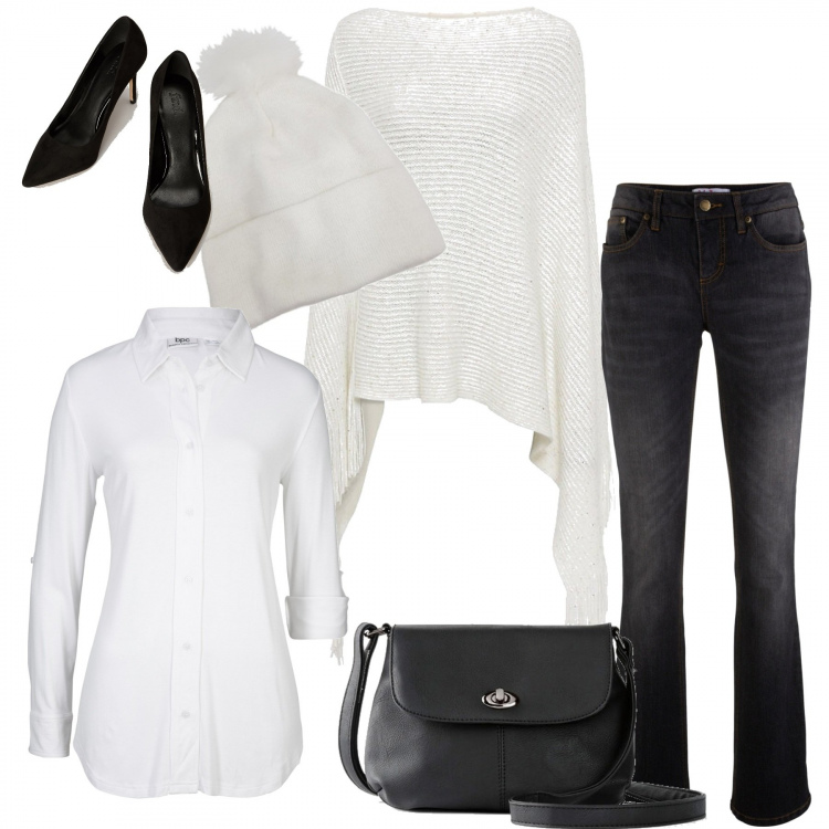 Outfit donna - Al lavoro. Stile Trendy per Ufficio. Abbinamento con jeans bootcut, cappotti, maglieria, borse a mano, berretti, décolleté.