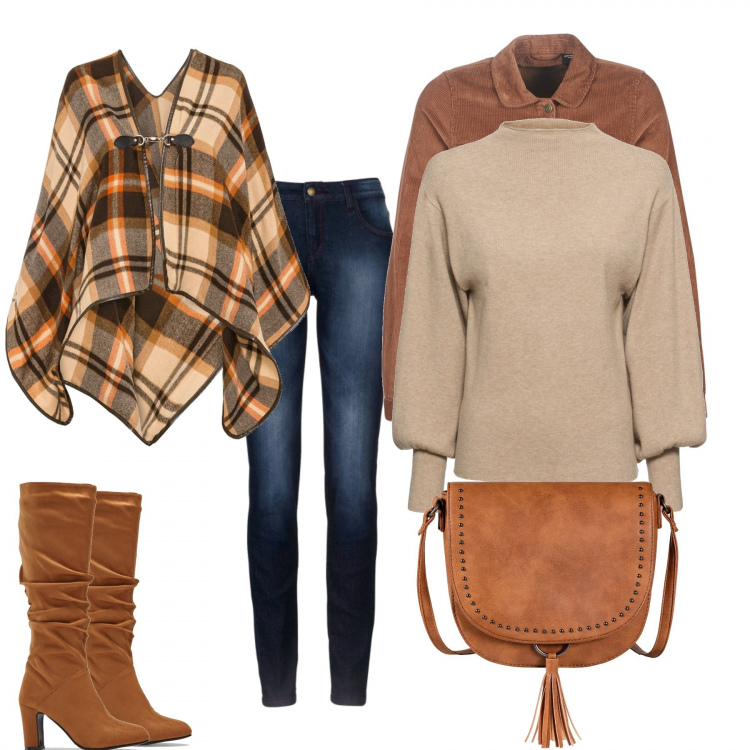 Outfit donna - Poncho a quadri. Stile Trendy per Tutti i giorni. Abbinamento con maglieria, jeans skinny, stivali, cappotti, borse a tracolla, blazer.