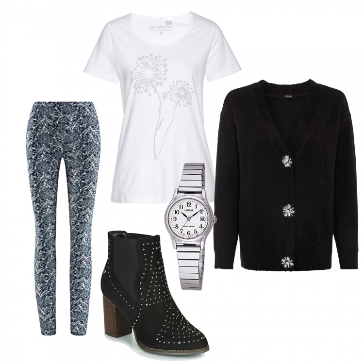 Outfit donna - Speciale week end. Stile Trendy per Tutti i giorni. Abbinamento con t-shirt, cardigans, stivaletti, leggings, orologi.