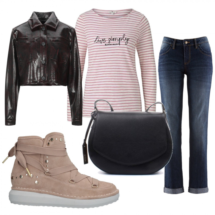 Outfit donna - Iniziano i saldi. Stile Basic per Tutti i giorni. Abbinamento con jeans dritti, sneakers alte, blazer, borse a tracolla, t-shirt.