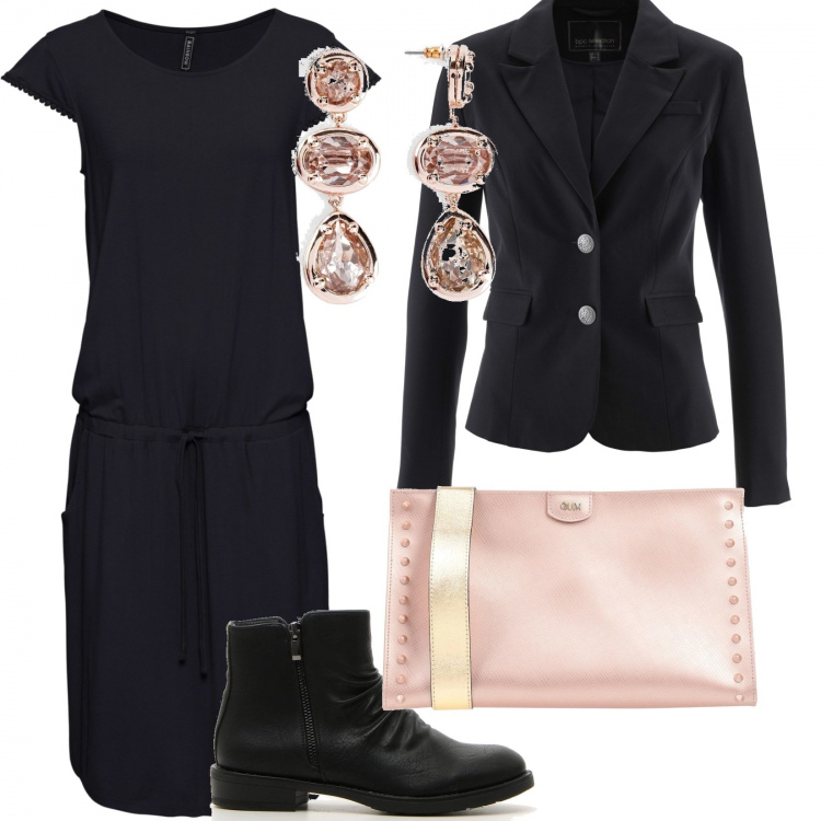 Outfit donna - Un po\' di rosa. Stile Trendy per Tutti i giorni. Abbinamento con vestiti midi/longuette, blazer, reggiseni, borse a tracolla, stivaletti.