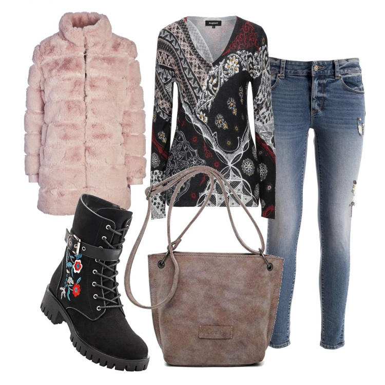 Outfit donna - Trendy #657. Stile Trendy per Tutti i giorni. Abbinamento con stivali, pullovers, cappotti, jeans strappati, borse a tracolla.