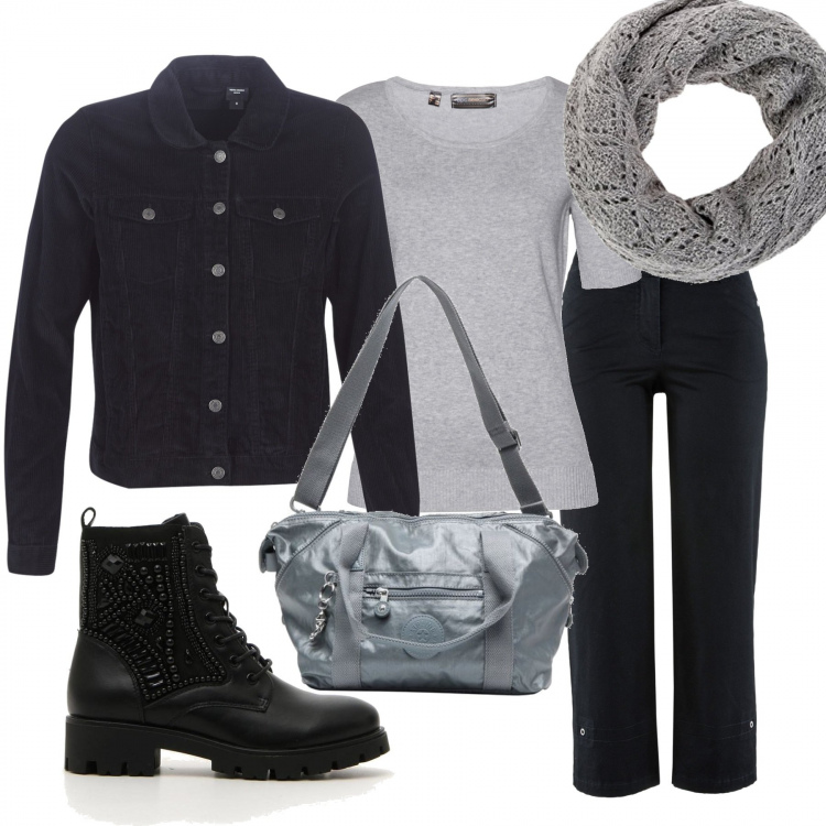 Outfit donna - Saldi Kipling. Stile Trendy per Tutti i giorni. Abbinamento con borse a tracolla, cardigans, pantaloni capri, blazer, anfibi, sciarpe.