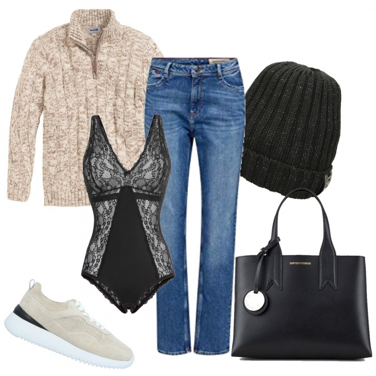 Outfit donna - Trendy #681. Stile Trendy per Tutti i giorni. Abbinamento con body, maglieria, sneakers, berretti, jeans boyfriend, borse tote.