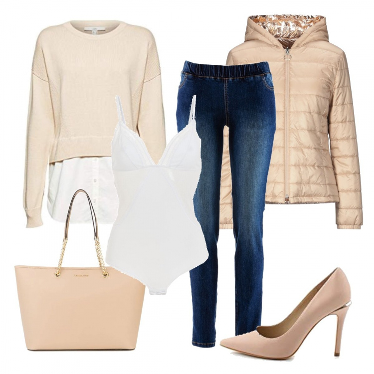 Outfit donna - Chic #216. Stile Chic per Ufficio. Abbinamento con treggings, piumini, body, borse tote, pullovers, décolleté.