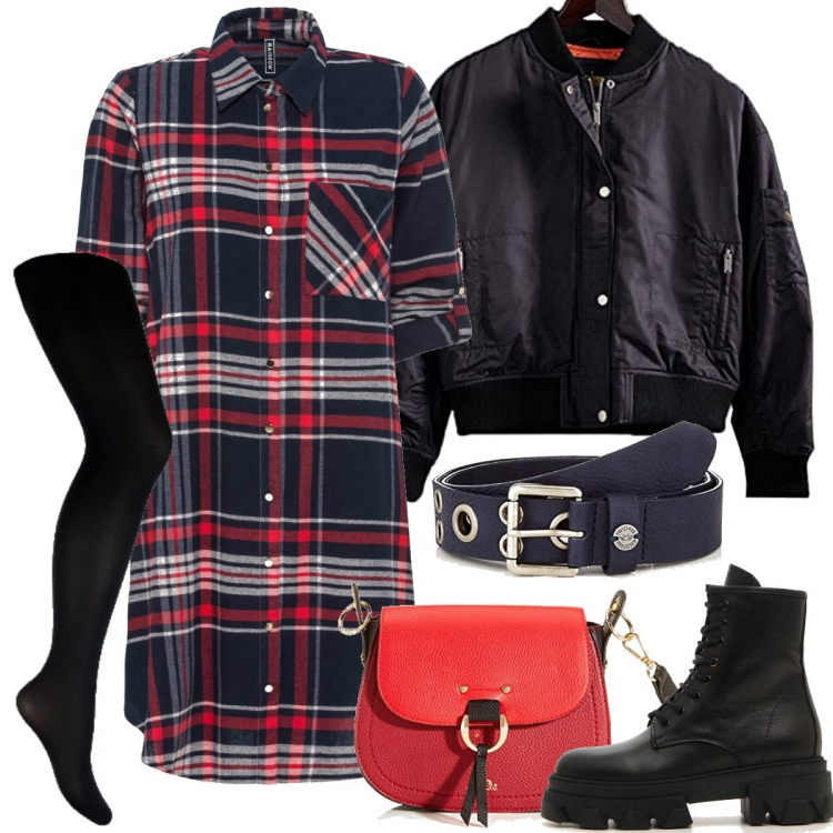 Outfit donna - Il Tartan si fa rock. Stile Rock per Tutti i giorni. Abbinamento con vestiti chemisier, anfibi, collant, cinture, borse a tracolla, bomber.