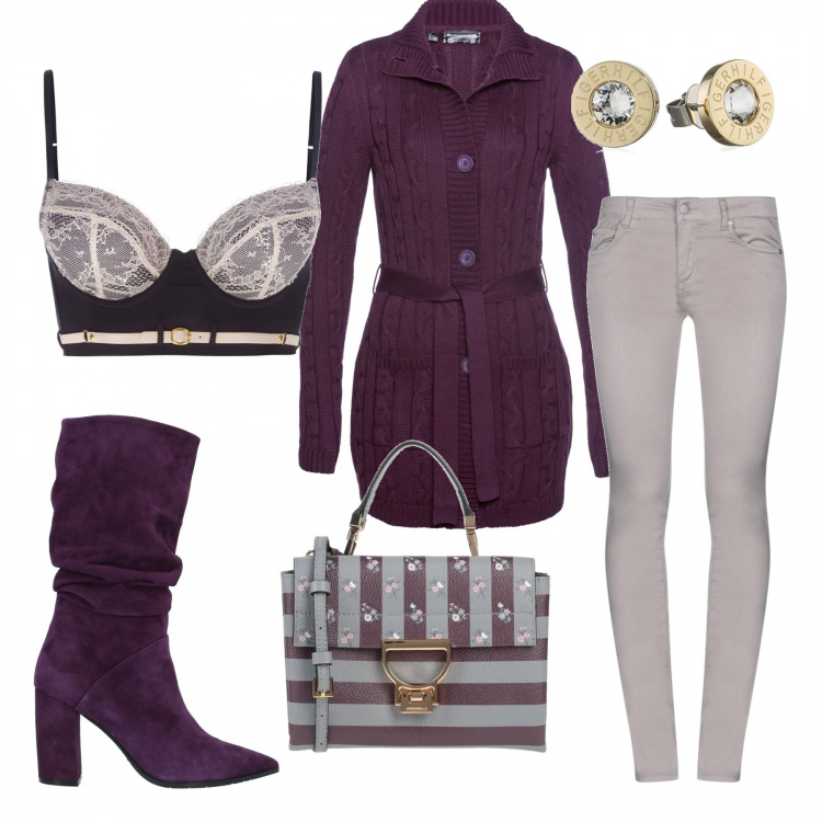 Outfit donna - Borgogna. Stile Trendy per Tutti i giorni. look ideale per Tall. Abbinamento con pantaloni, borse a mano, stivali, t-shirt, reggiseni push-up, orecchini.