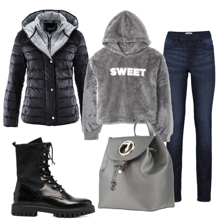 Outfit donna - Basic #370. Stile Basic per Scuola/Università. Abbinamento con piumini, jeggings, zaini, felpe con cappuccio, anfibi.