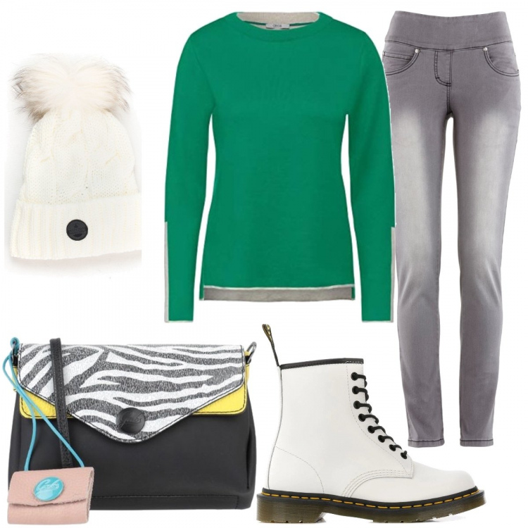 Outfit donna - Il bianco neve. Stile Trendy per Scuola/Università. Abbinamento con jeans slim fit, borse a tracolla, berretti, anfibi, maglioni.