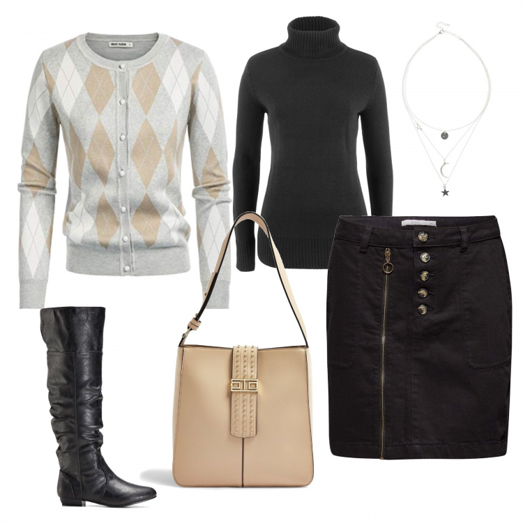 Outfit donna - La gonna corta. Stile Trendy per Tutti i giorni. Abbinamento con stivali sopra il ginocchio, maglieria, collane, borse a spalla, cardigans, gonne.