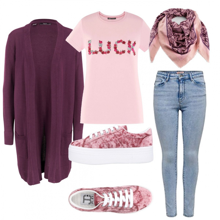 Outfit donna - Lezione a distanza. Stile Basic per Scuola/Università. Abbinamento con cardigans, scialli, sneakers, t-shirt, jeans skinny.