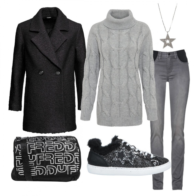 Outfit donna - Tante stelle tutte per te. Stile Basic per Scuola/Università. Abbinamento con jeans, maglieria, cappotti, ciondoli, sneakers, borse a tracolla.