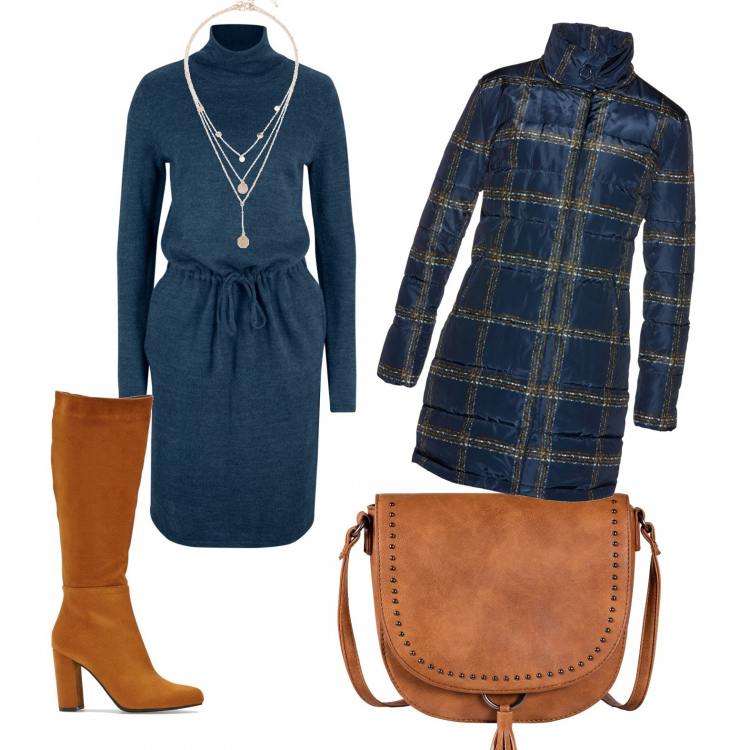 Outfit donna - Blu e cuoio. Stile Trendy per Tutti i giorni. Abbinamento con vestiti, cappotti, stivali, borse a tracolla, ciondoli.