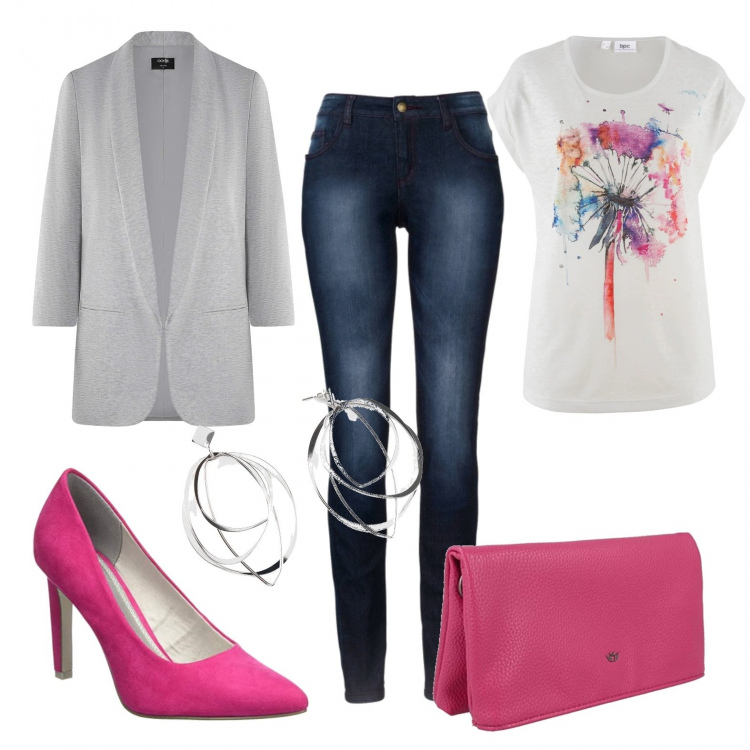 Outfit donna - Urban #289. Stile Urban per Tutti i giorni. Abbinamento con jeans skinny, pullovers, jeans dritti, blazer, scarpe col tacco, pochette.