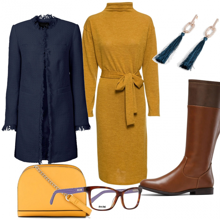 Outfit donna - Sfrangiami. Stile Trendy per Tutti i giorni. Abbinamento con blazer, vestiti, stivali, borse a tracolla, orecchini, occhiali.